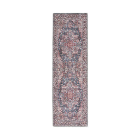 8' Red Floral Power Loom Distressed Washable Runner Rug