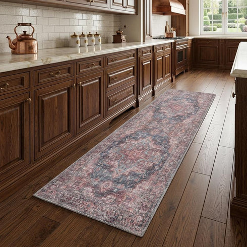 8' Red Floral Power Loom Distressed Washable Runner Rug