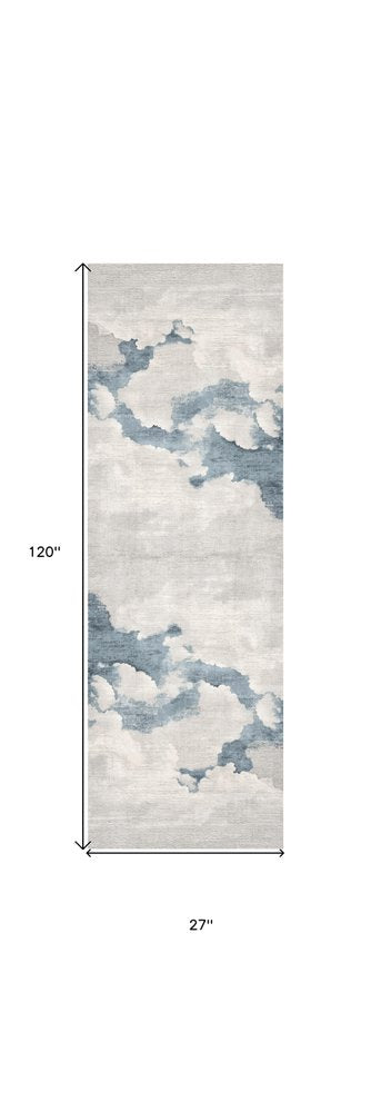 10' Blue And Gray Abstract Washable Runner Rug