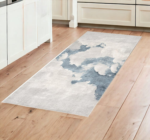 10' Blue And Gray Abstract Washable Runner Rug