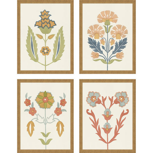 Set Of Four Folk Flourish Gold Framed Print Wall Art