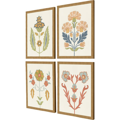 Set Of Four Folk Flourish Gold Framed Print Wall Art