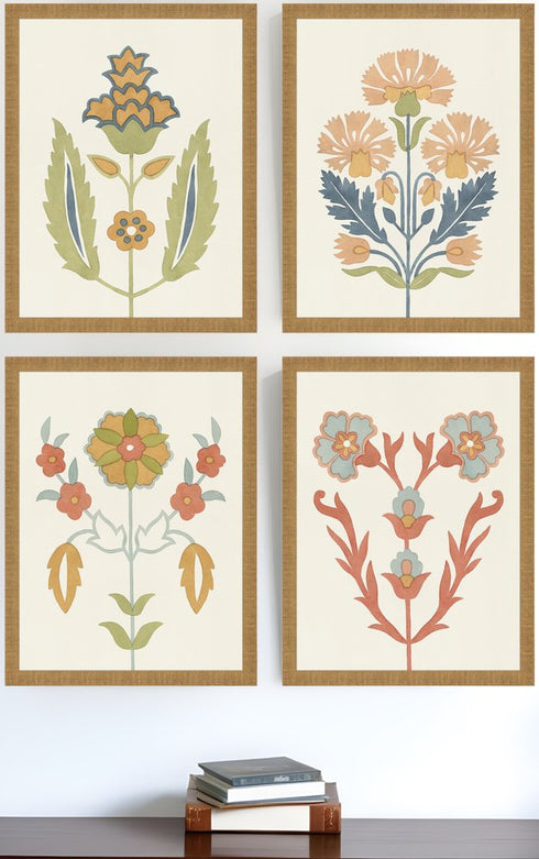 Set Of Four Folk Flourish Gold Framed Print Wall Art