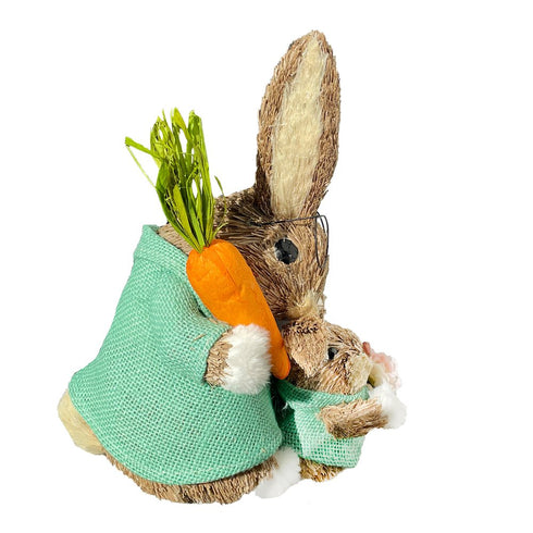 11" Baby Blue Brown And Orange Straw Rabbit Easter Easter Bunny Figurine
