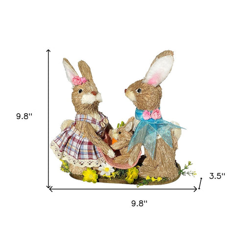 10" Blue Pink And Brown Straw Rabbit Easter Easter Bunny Figurine