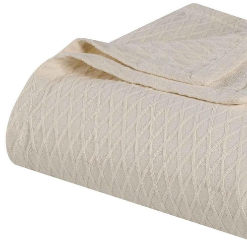Queen Ivory Cotton Plain Weave Geometric Blanket