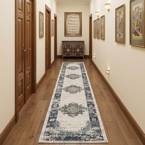 10' Blue And Ivory Oriental Distressed Runner Rug