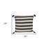 24" Beige and Black Striped Cotton Throw Pillow With Tassels