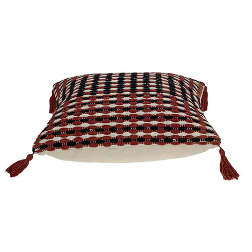 20" Red and Black Cotton Throw Pillow with Tassels