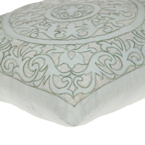 22" Beige and Green Damask Linen Blend Throw Pillow with Embroidery and Applique