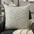 22" Beige and Green Damask Linen Blend Throw Pillow with Embroidery and Applique