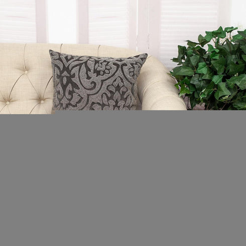 18" Gray and Silver Damask Velvet Throw Pillow With Beads