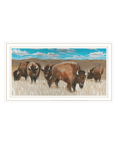 Bison Herd White Framed Print Wall Art