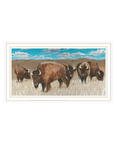 Bison Herd White Framed Print Wall Art