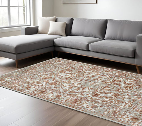 9' X 12' Ivory Gray And Rust Floral Area Rug