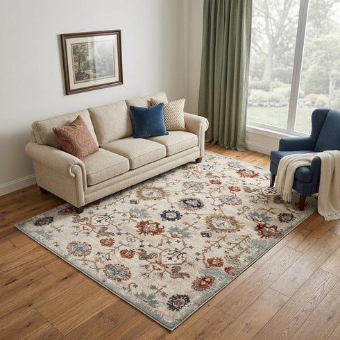 5' X 8' Beige Rust and Navy Oriental Power Loom Area Rug