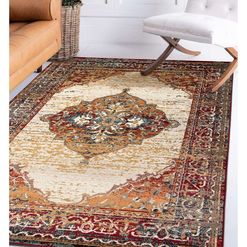 9' X 12' Ivory Red and Orange Medallion Power Loom Area Rug