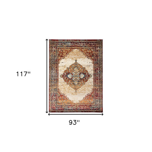 9' X 12' Ivory Red and Orange Medallion Power Loom Area Rug