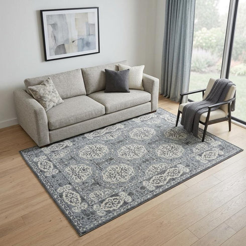 9' X 12' Charcoal And Ivory Medallion Area Rug
