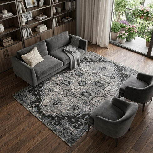 9' X 12' Black And Gray Medallion Area Rug