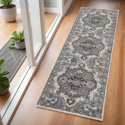 9' X 12' Ivory Taupe and Gray Medallion Power Loom Area Rug