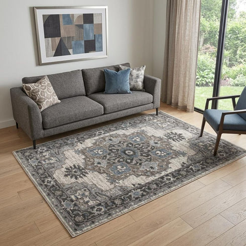 9' X 12' Ivory Taupe and Gray Medallion Power Loom Area Rug
