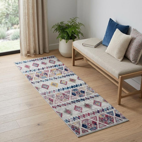 9' X 12' Ivory Blue And Orange Geometric Area Rug