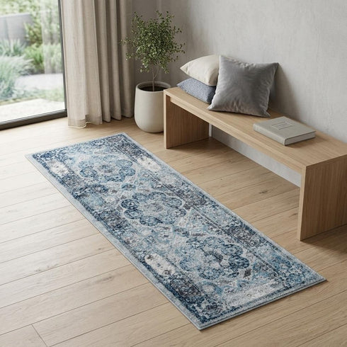 9' X 12' Ivory Blue And Gray Medallion Area Rug