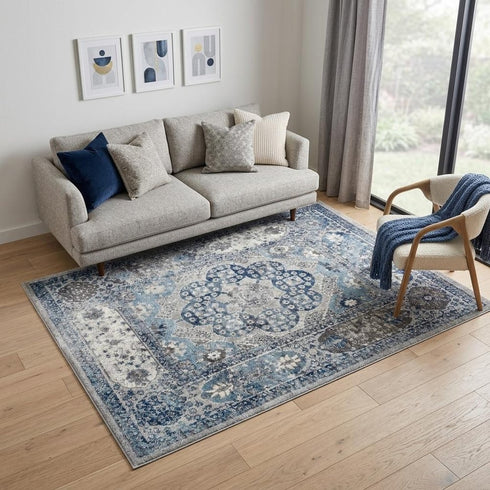 9' X 12' Ivory Blue And Gray Medallion Area Rug