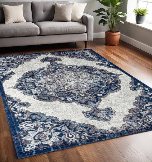 9' X 12' Ivory Gray And Blue Medallion Area Rug