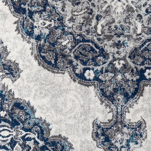 9' X 12' Ivory Gray And Blue Medallion Area Rug
