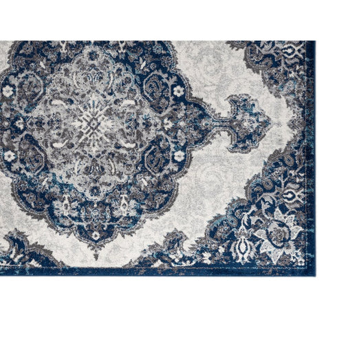 9' X 12' Ivory Gray And Blue Medallion Area Rug