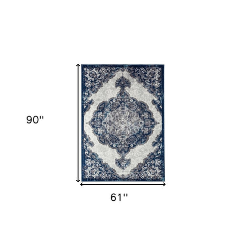 9' X 12' Ivory Gray And Blue Medallion Area Rug