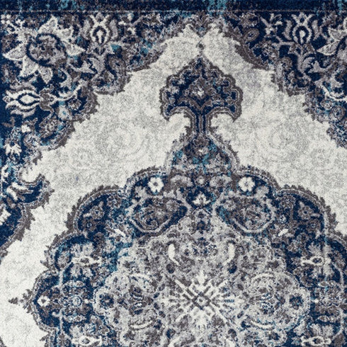 9' X 12' Ivory Gray And Blue Medallion Area Rug