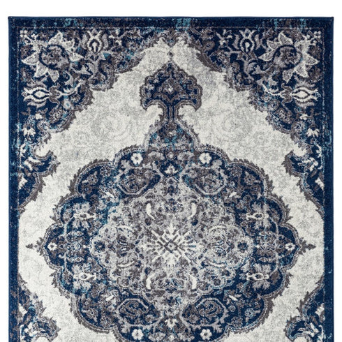 9' X 12' Ivory Gray And Blue Medallion Area Rug