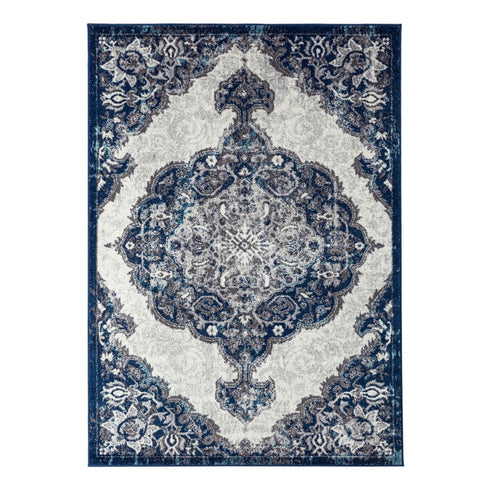 9' X 12' Ivory Gray And Blue Medallion Area Rug