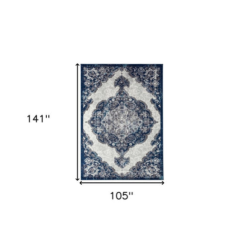 9' X 12' Ivory Gray And Blue Medallion Area Rug