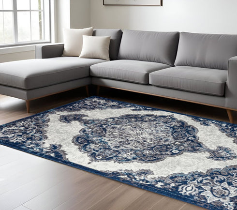 9' X 12' Ivory Gray And Blue Medallion Area Rug