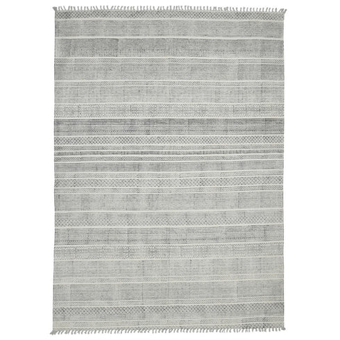 9' X 12' Ivory Black And Gray Geometric Flatweave Handmade Distressed Area Rug With Fringe