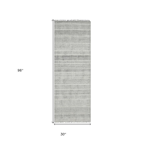 9' X 12' Ivory Black And Gray Geometric Flatweave Handmade Distressed Area Rug With Fringe