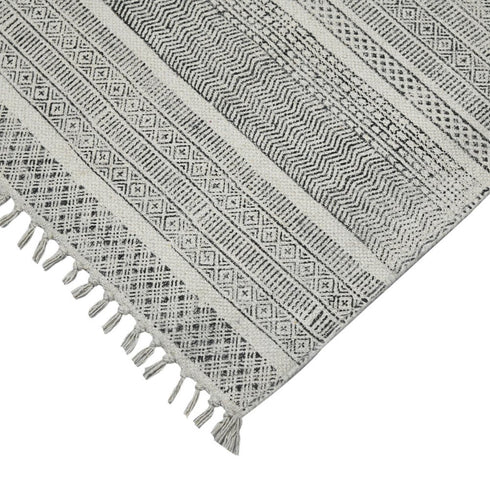 9' X 12' Ivory Black And Gray Geometric Flatweave Handmade Distressed Area Rug With Fringe