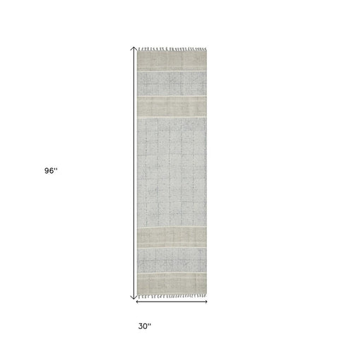 8' Blue And Gray Striped Flatweave Handmade Distressed Runner Rug With Fringe