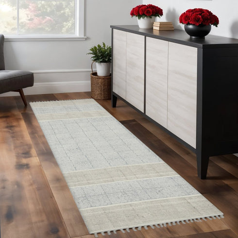 8' Blue And Gray Striped Flatweave Handmade Distressed Runner Rug With Fringe