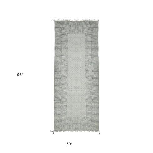 9' X 12' Gray And Blue Geometric Flatweave Handmade Distressed Area Rug With Fringe