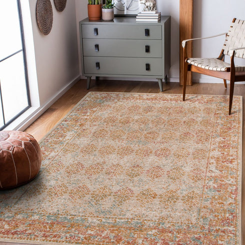 9' X 12' Beige Orange And Teal Southwestern Area Rug
