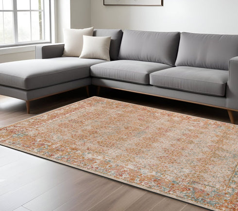 9' X 12' Beige Orange And Teal Southwestern Area Rug
