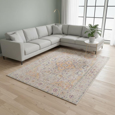 9' X 12' Ivory And Yellow Oriental Distressed Area Rug