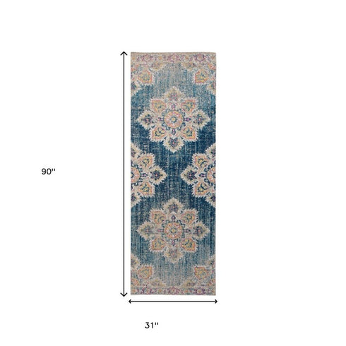 9' X 12' Blue Rust And Beige Medallion Area Rug