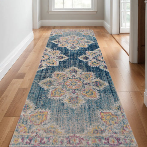 9' X 12' Blue Rust And Beige Medallion Area Rug
