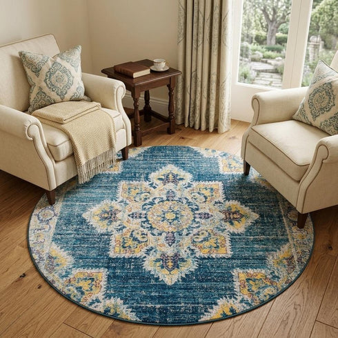 9' X 12' Blue Rust And Beige Medallion Area Rug